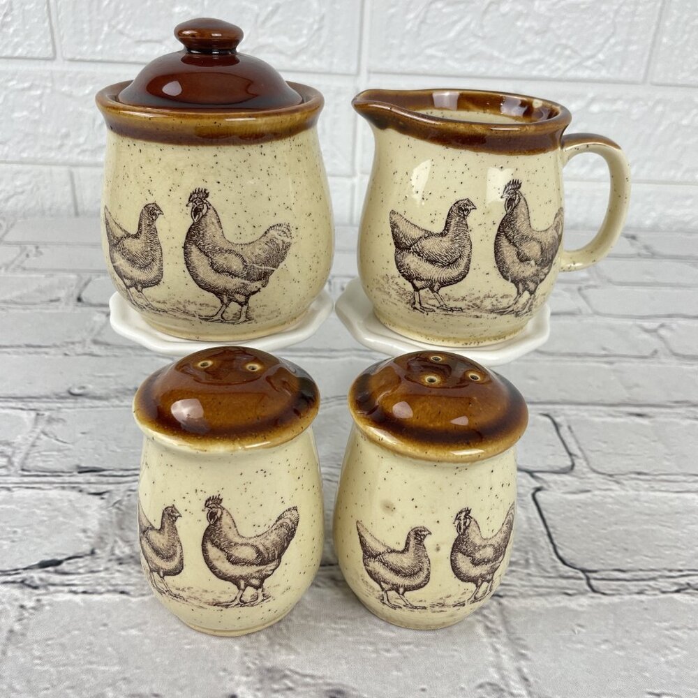 Vintage 1979 Enesco "Country Road" Chicken and Rooster Salt & Pepper Sugar Cream